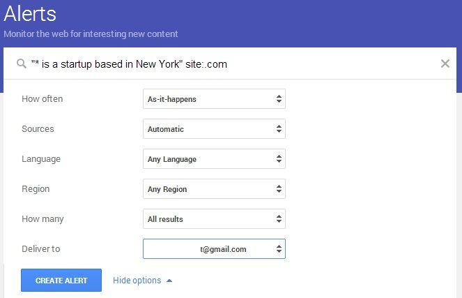 Google Alerts for Startup Company Search