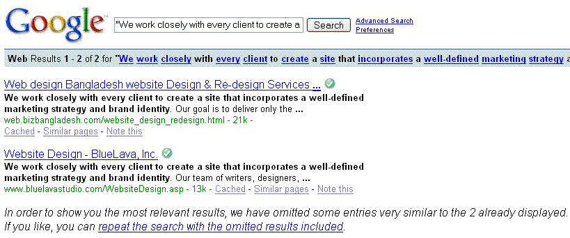 Duplicate Content Filtered Search in Google