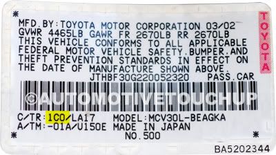 2001 Toyota camry paint code location