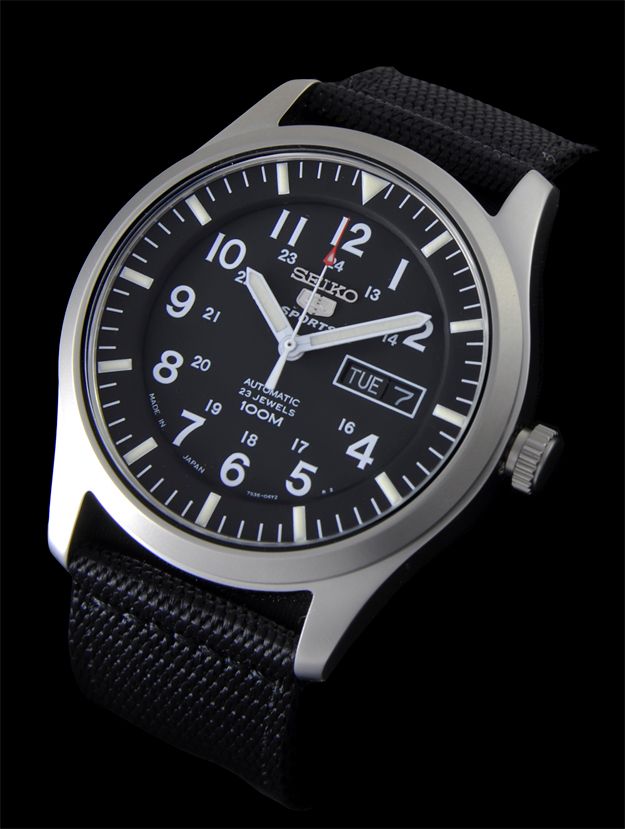 seiko 5 sports automatic made in japan black dial nylon strap watch snzg15j1 men's
