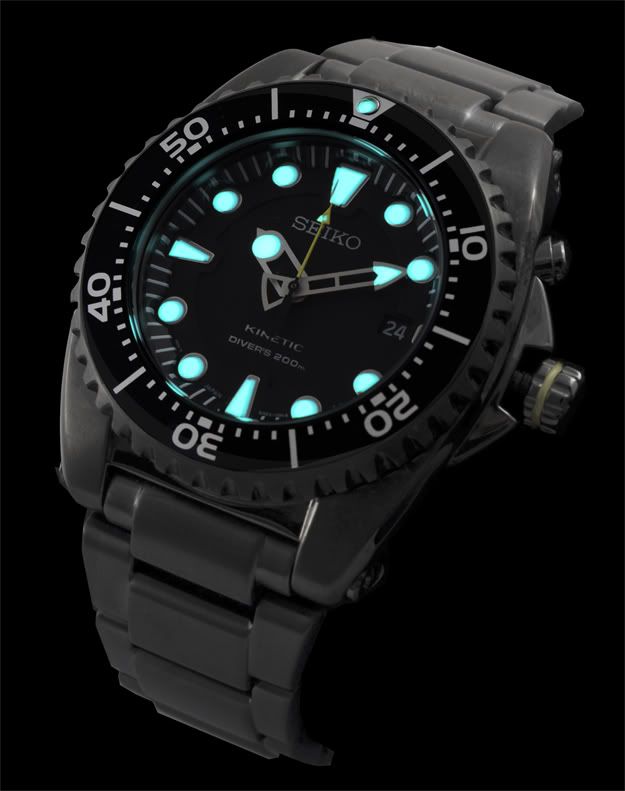 NEW MENS ALL BLACK STEEL SEIKO KINETIC 200M PRO DIVERS SKA427P1